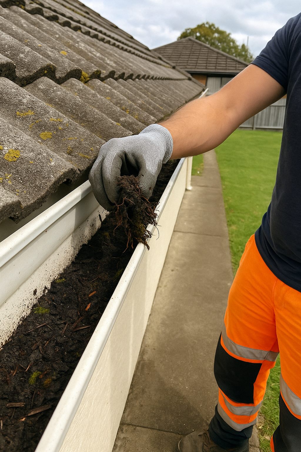 A crew member pulling packed leaf litter out of a gutter by hand
