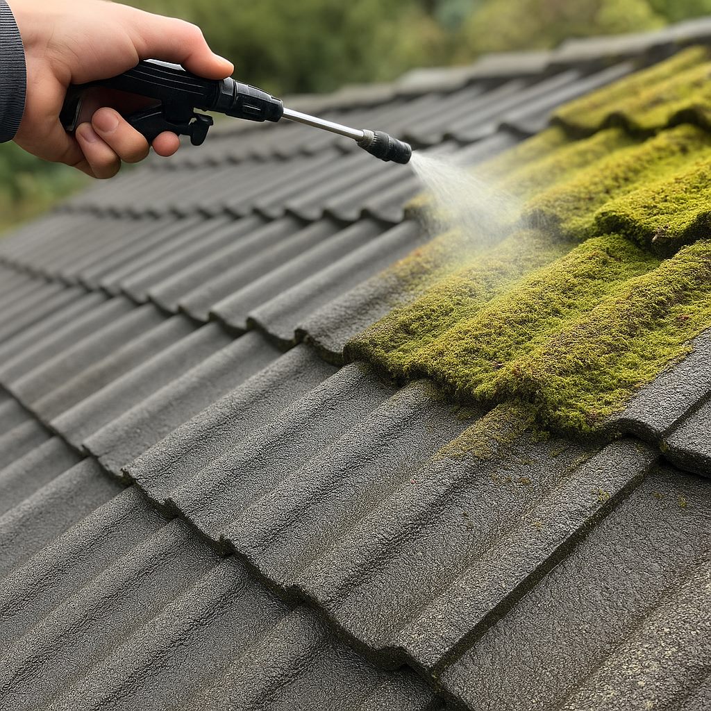 Moss being sprayed off a concrete tile roof