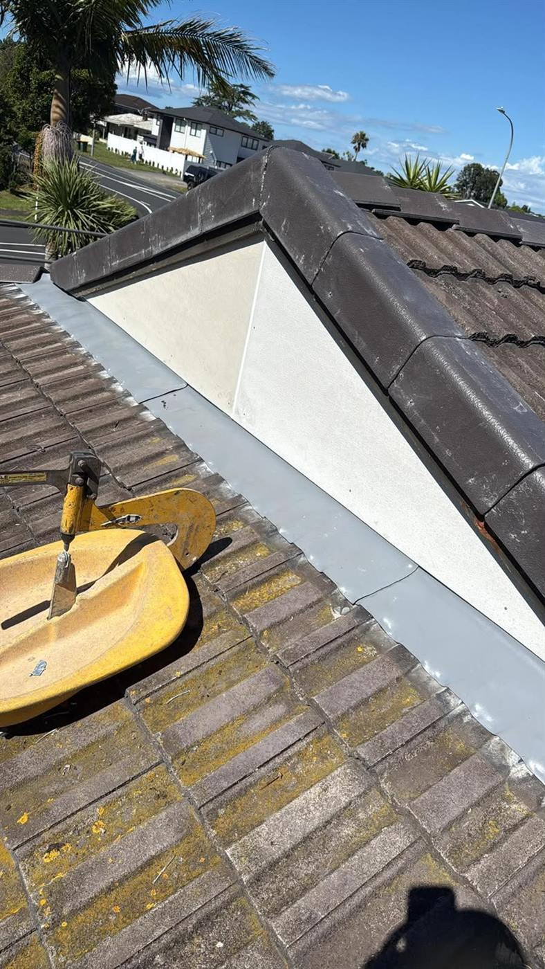 A rotary surface cleaner sitting on a mossy tile roof beside a freshly cleaned strip