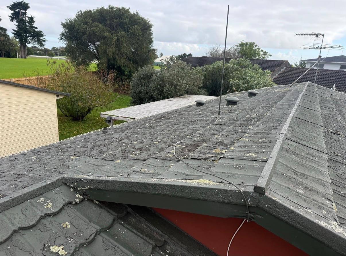 A weathered decramastic roof with lichen across the stone chip surface