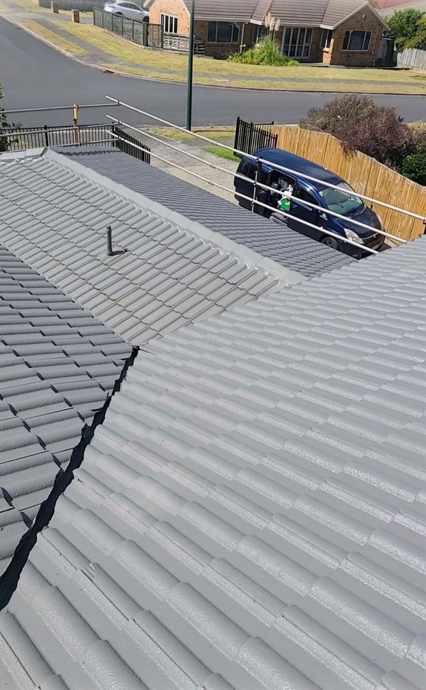 A restored concrete tile roof seen from the ridge down to the street